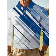 Mens Striped Polo Shirts Long Sleeve Casual Dry Fit Performance Desig Button Collar Golf Polo Shirts Blue L