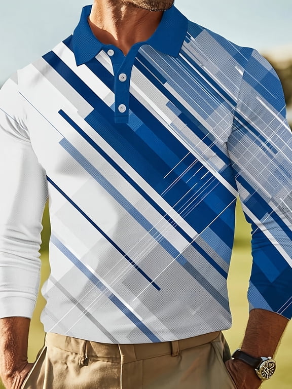 Mens Striped Polo Shirts Long Sleeve Casual Dry Fit Performance Desig Button Collar Golf Polo Shirts Blue L