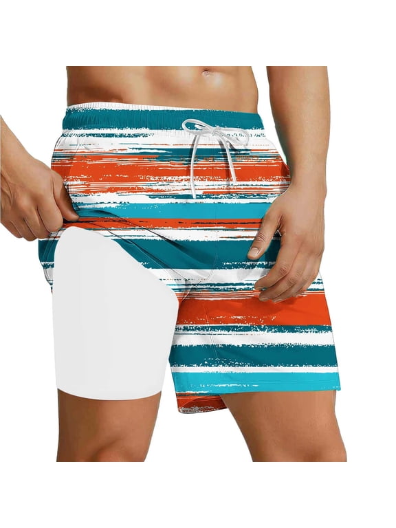 Mens Striped Print Swim Trunks with Compression Liner Drawstring Elastic Waist Beach Pants Boho Quick Dry Swim Shorts