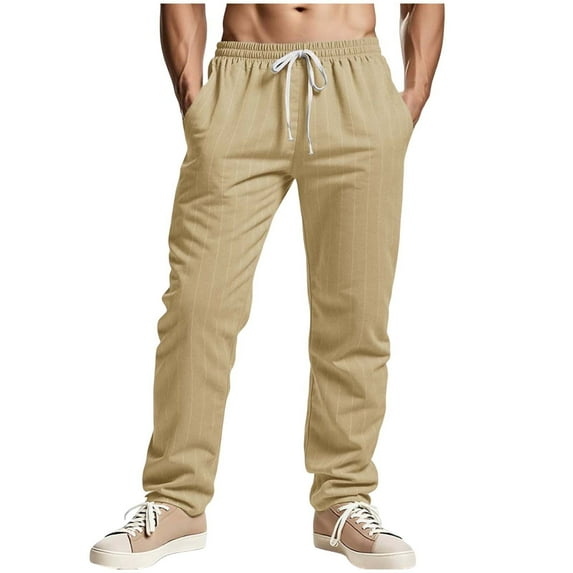 Mens Striped Printed Pants, Men's Cotton Linen Pants Beach Casual Summer Quick Dry Lightweight Elastic Waist Drawstring with Pockets S-3XL
