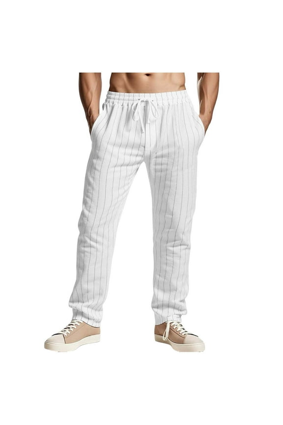 Mens Striped Printed Pants, Men's Cotton Linen Pants Beach Casual Summer Quick Dry Lightweight Elastic Waist Drawstring with Pockets S-3XL