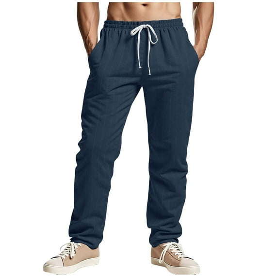 Mens Striped Printed Pants, Men's Cotton Linen Pants Beach Casual Summer Quick Dry Lightweight Elastic Waist Drawstring with Pockets S-3XL