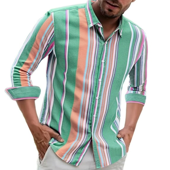 Mens Striped Printed T-Shirts, Long Sleeve Shirts for Men Fall Big & Tall Casual Lapel Button Down Dressy Blouses with Pockets M-4XL