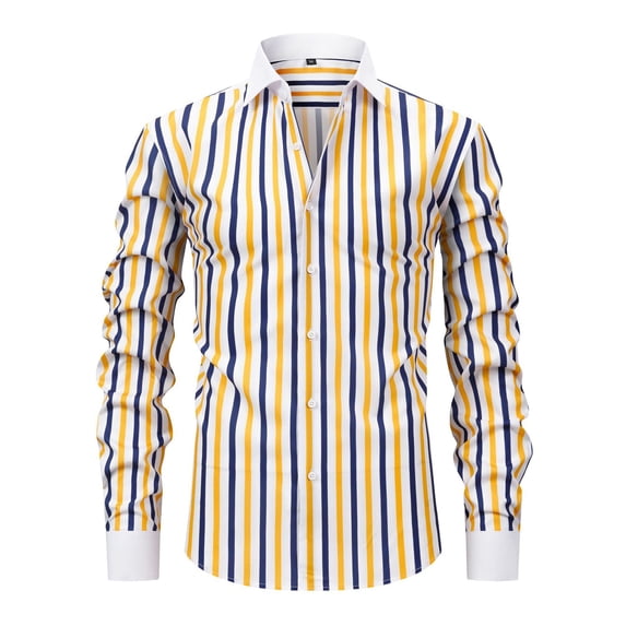 Mens Striped Printed T-Shirts, Long Sleeve Shirts for Men Fall Fashion Business Lapel Button Down Blouses S-3XL