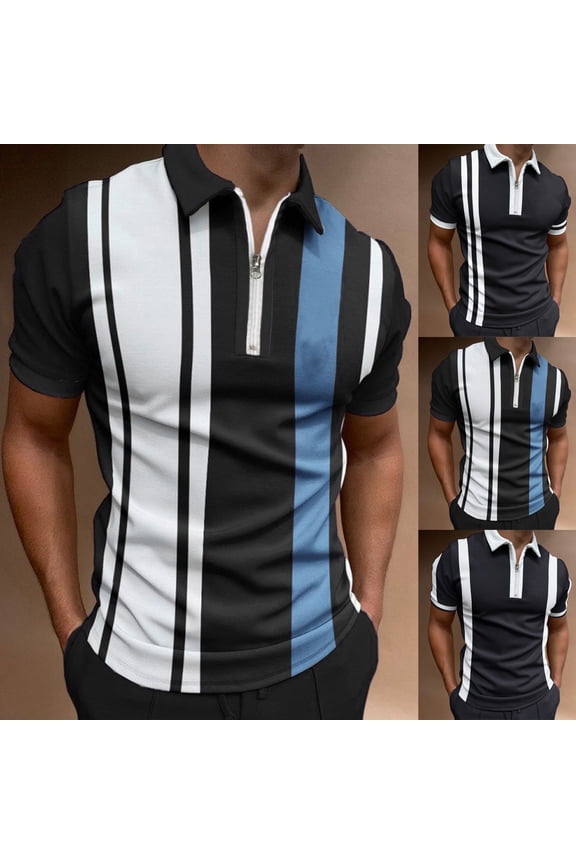 Mens Striped Raglan Sleeve Polo Shirt Collar Zip Placket T Shirt Summer Breathable Tee Blue L