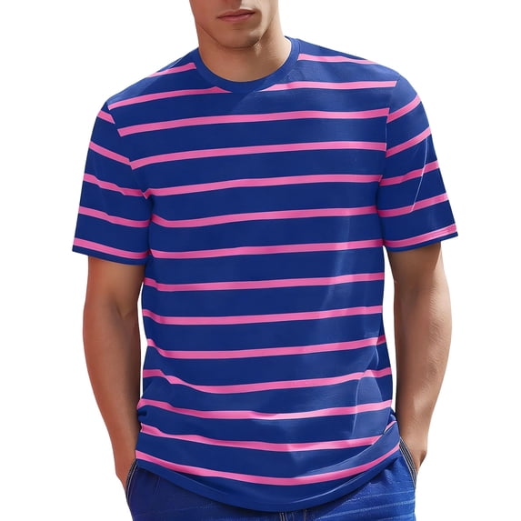 Mens Striped Shirt Short Sleeve T-Shirts Crewneck Fitted Everyday T-Shirt Casual Tee Regular Fit Purple L