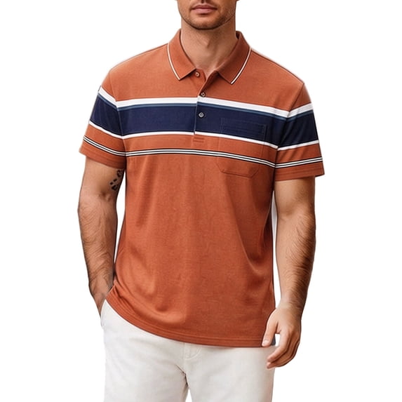 Mens Striped Shirts Business Casual Button Down Lapel Short Sleeve Pocket Golf Tees Work Shirt Fathers Gift