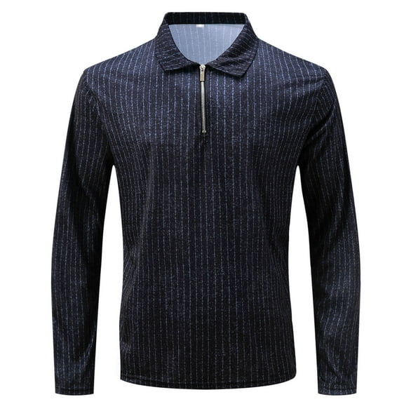 Mens Striped Shirts Long Sleeve Quarter Zip Lapel Formal Shirts Business Blouses Slim Fit Pullover Workwear Black,M
