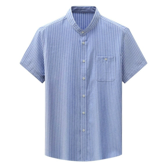Mens Striped Summer Shirt Casual Button Down Short Sleeve Beach Shirts Cotton Linen Shirts for Men Sky Blue XL