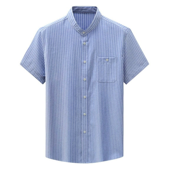 Mens Striped Summer Shirt Casual Button Down Short Sleeve Beach Shirts Cotton Linen Shirts for Men Sky Blue XL