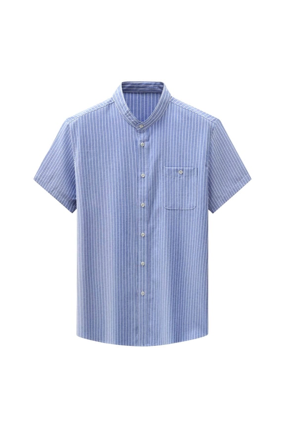 Mens Striped Summer Shirt Casual Button Down Short Sleeve Beach Shirts Cotton Linen Shirts for Men Sky Blue XL