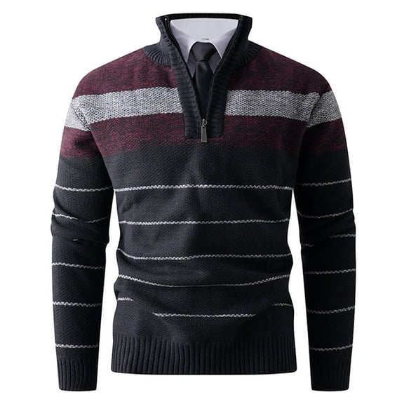 Mens Striped Sweater Turtleneck Pullover Slim Fit Ribbed Knit Sweatshirts Quarter Zip Long Sleeve Polor Basic Tops (L, Wine)