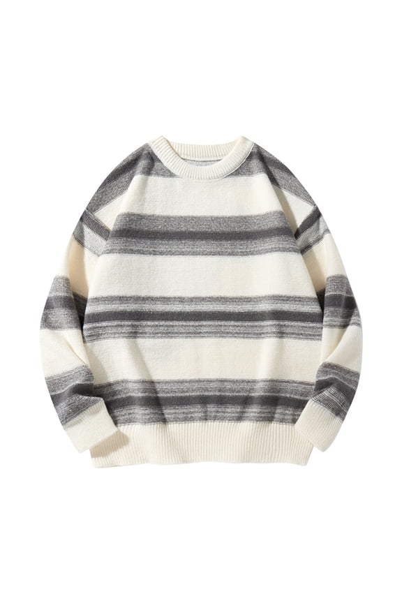Mens Striped Sweatshirt Casual Lepal Collar Fall Pullover Sweaters Long Sleeve with Ribbing Edge Beige M