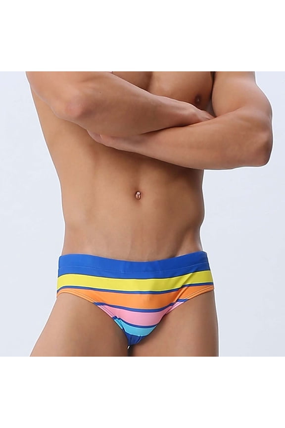 Mens Striped Swim Brief, Low Rise Triangle Bikini Bottom with Support Pouch, Quick Dry 100% Polyester, Blue, M-XXL,Size M