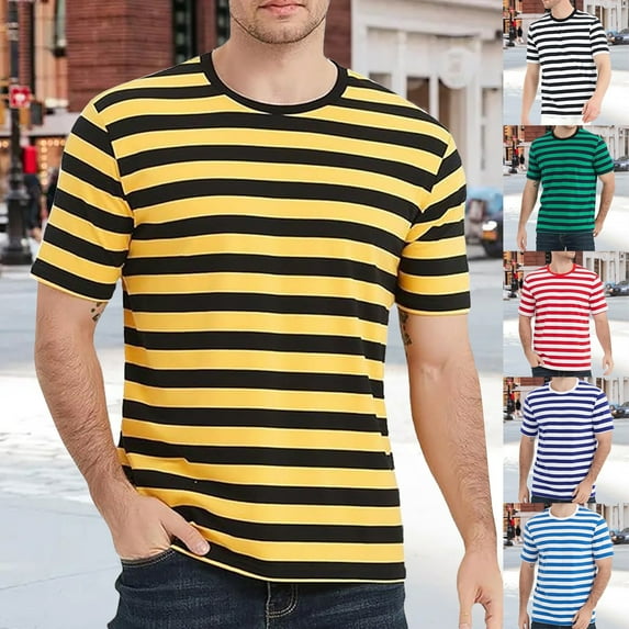 Mens Striped T Shirt Navy Striped T-Shirt Color Blocked Business Sports Round Neck Short Sleeve Mens Big And Tall Shirts Dark Blue L