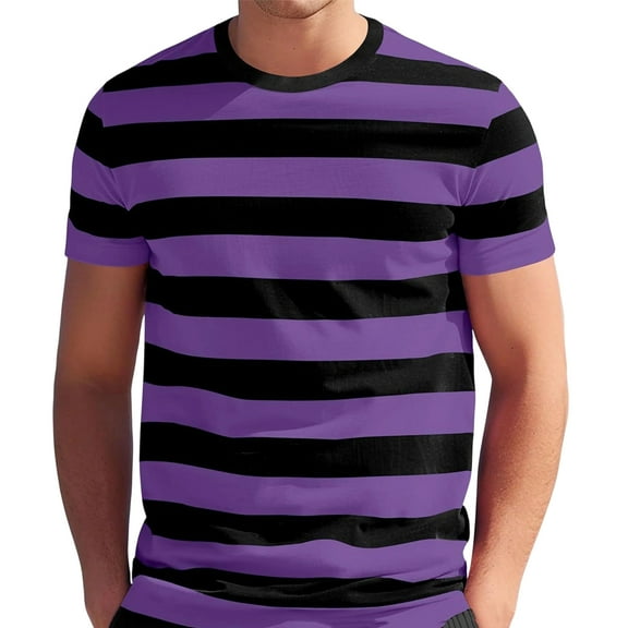 Mens Striped T-Shirt Short Sleeve Sanded Shirt Men's Fashion Loose Fit Crewneck Stripe T-Shirt Purple L