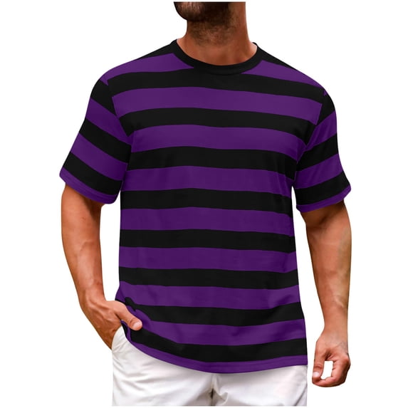 Mens Striped T-Shirts with Short Sleeve Casual Crewneck Basic Shirt Color Block Stretch Summer Beach Tees Big and Tall Size M-4XL Purple