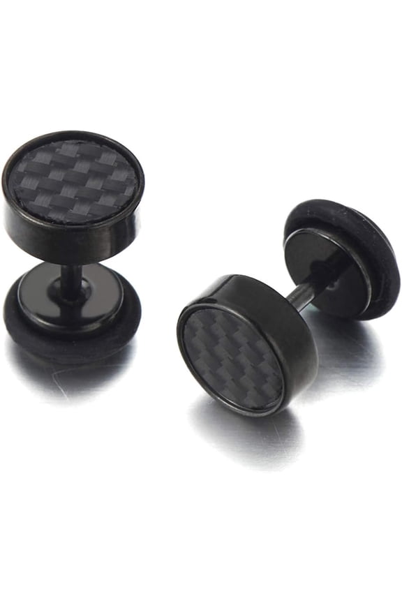 Mens Stud Earrings Stainless Steel Illusion Tunnel Plug Screw Back with Carbon Fiber, 2pcs