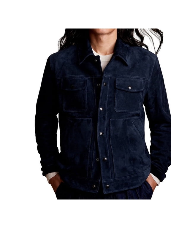Mens Stylish Blue 100% Genuine Suede Leather Lightweight Soft Satin lining Jackets for Men - XS Size