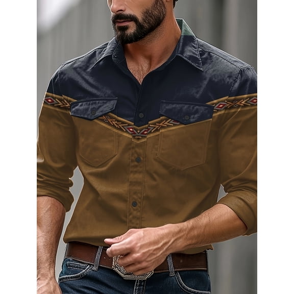 Mens Stylish Western Cowboy Shirt Embroidered Slim Fit Casual Long Sleeve Shirts Mens Wedding Party Shirt Khaki L