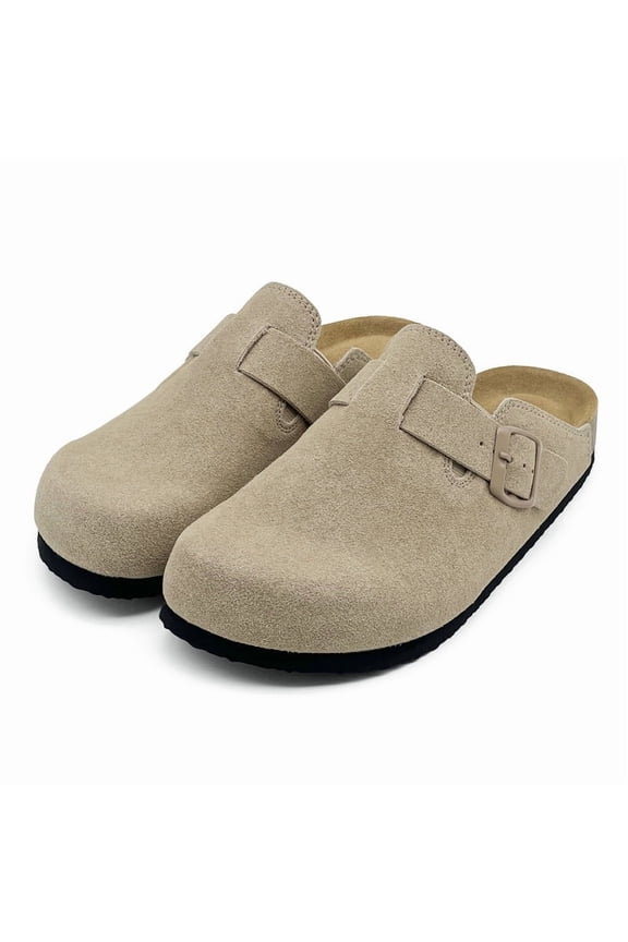 Mens Suede Clogs Cork Footbed Slippers Arch Support Potato Shoes Indoor Outdoor Slippers with Adjustable Buckle