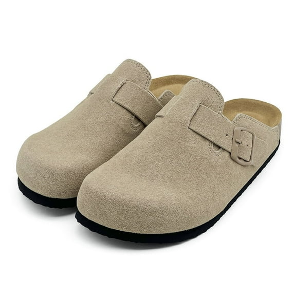 Mens Suede Clogs Cork Footbed Slippers Arch Support Potato Shoes Indoor Outdoor Slippers with Adjustable Buckle
