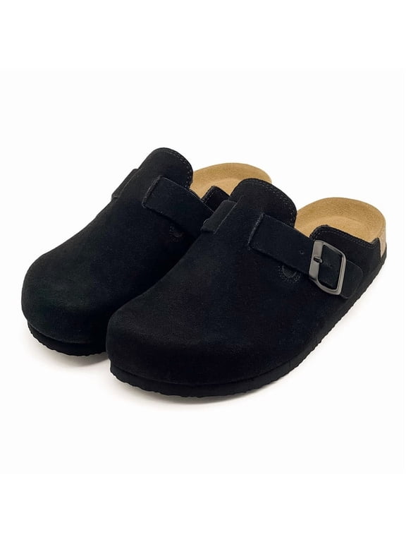 Mens Suede Clogs Cork Footbed Slippers Arch Support Potato Shoes Indoor Outdoor Slippers with Adjustable Buckle