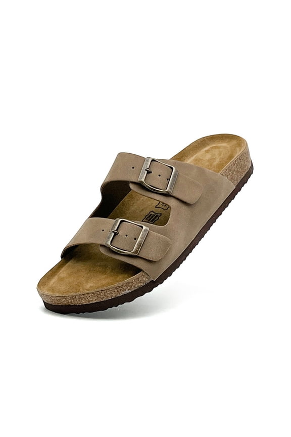 Mens Suede Flat Sandals Cork Footbed Slides 2 Straps Adjustable Buckle Slip On Summer with Comfort Shoes