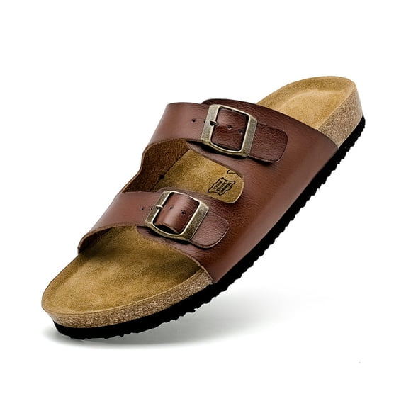 Mens Suede Flat Sandals Cork Footbed Slides 2 Straps Adjustable Buckle Slip On Summer with Comfort Shoes