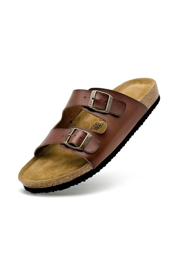 Mens Suede Flat Sandals Cork Footbed Slides 2 Straps Adjustable Buckle Slip On Summer with Comfort Shoes