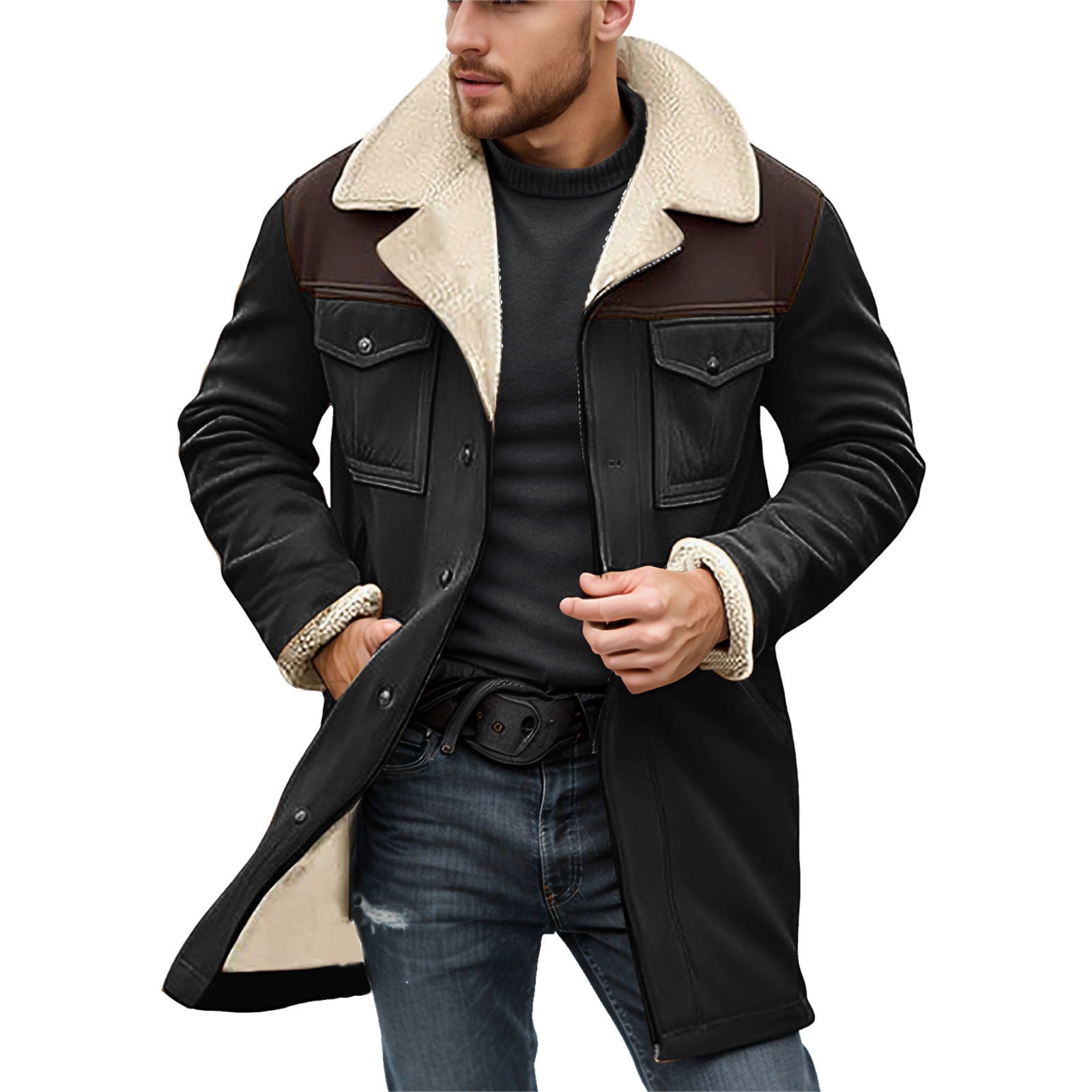 Mens Suede Jacket Notched Collar Coats Leather Winter Long Jackets