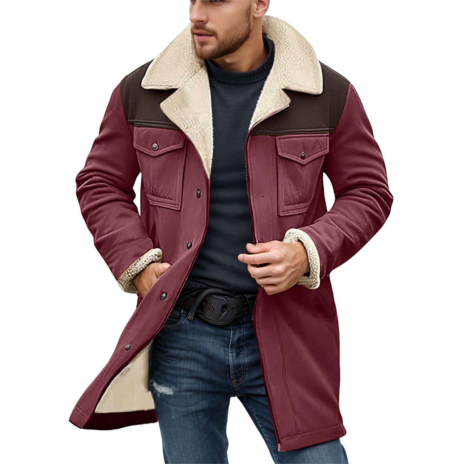 Mens Suede Jacket Notched Collar Coats Leather Winter Long Jackets