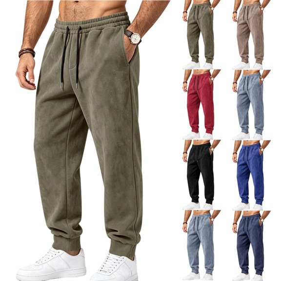 Mens Suede Jogger Pants Sevevn Drawstring Elastic Waist Side Pockets Tapered Ribbed Cuff Soft Faux Suede Trousers for Casual Lounge Daily Wear