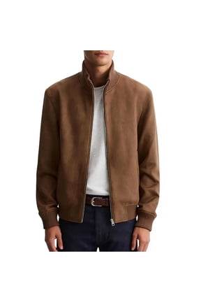 Mens Suede Leather Bomber Jackets Full Zip Casual Softshell Varsity Jacket Lightweight Vintage Spring Fall Coat with Pockets Big and Tall Size S-4XL Brown