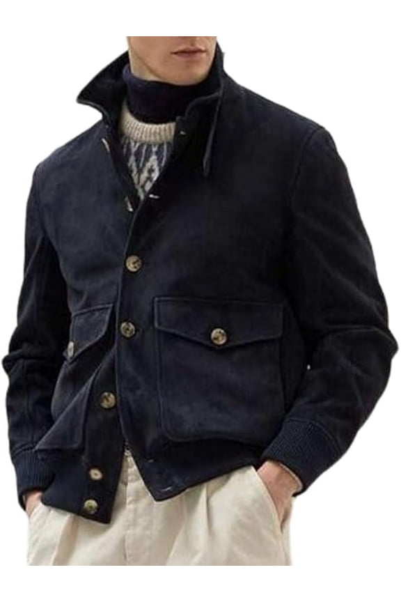 Mens Suede Leather Real Genuine Navy Blue Leather Jacket Biker Moto Slim Fit Overcoat A302