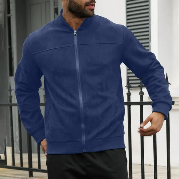 Mens Sueded Jackets with Pockets Long Sleeve Zip Up Coats Casual Solid Color Lightweight No Hood Comfort Office Work Outerwear Sweatshirts Jacket