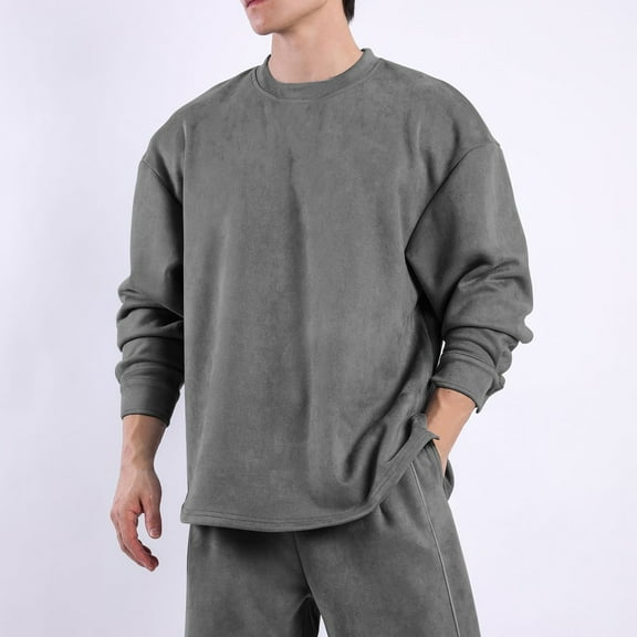 Mens Sueded Sweatshirts Crewneck Long Sleeve Shirts Casual Solid Color Pullover Side Slit Thermal Warm No Hood Going-Out Work Sweatshirt Tops