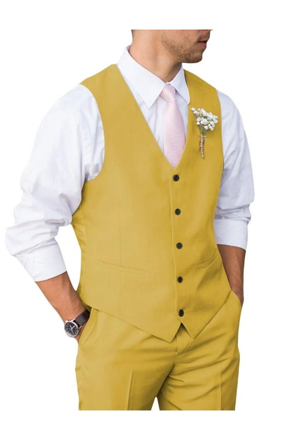 Mens Suit 2 Piece Slim Fit Suit for Wedding Vest Pants Suit for Wedding Groom Formal Business Gold XL
