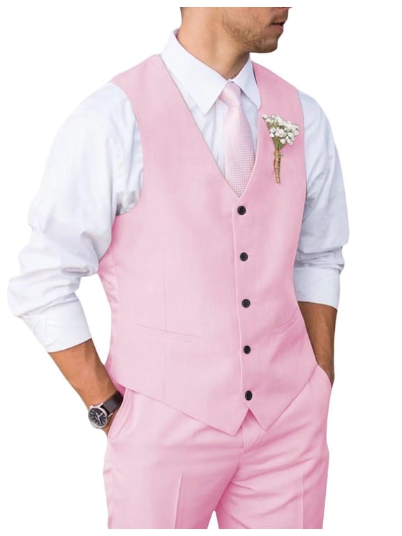 Mens Suit 2 Piece Slim Fit Suit for Wedding Vest Pants Suit for Wedding Groom Formal Business Pink L