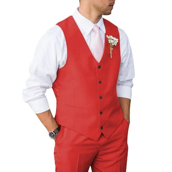 Mens Suit 2 Piece Slim Fit Suit for Wedding Vest Pants Suit for Wedding Groom Formal Business Red XS