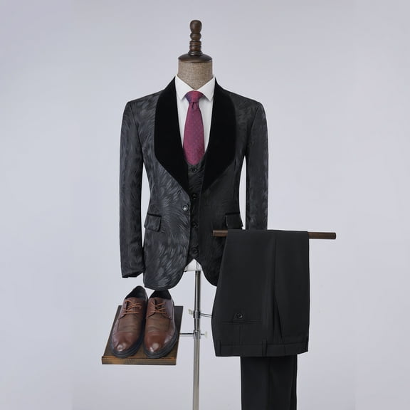 Mens Suit 3 Piece Slim Fit Jacket Feather Pattern Blazer Coat Pants Sets Stylish Shawl Tuxedo for Party Dinner Prom-Black