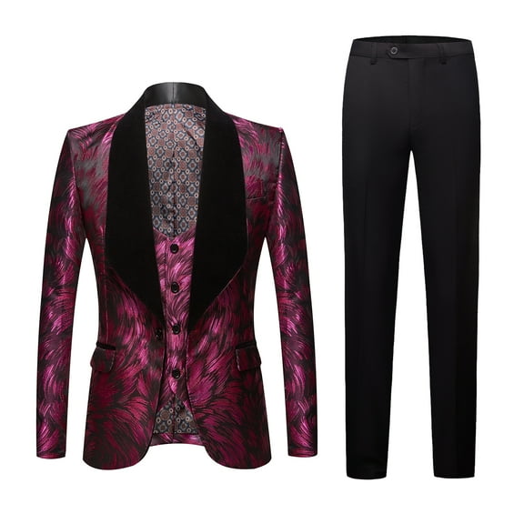 Mens Suit 3 Piece Slim Fit Jacket Feather Pattern Blazer Coat Pants Sets Stylish Shawl Tuxedo for Party Dinner Prom--PURPLE