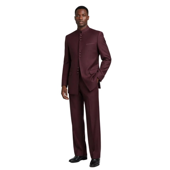 Mens Suit Apollo King Banded Collarless Chinese Mandarin Wide Leg AG96 Burgundy
