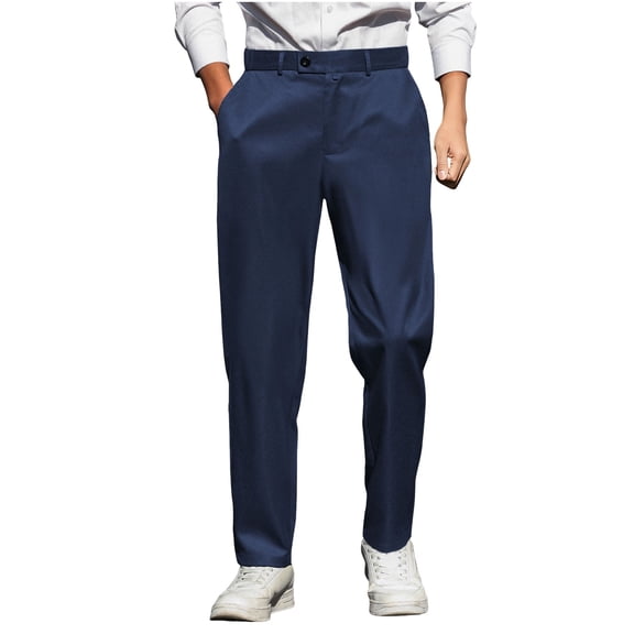 Mens Suit Pants Loose Fit Stretch Lightweight Button Trousers Casual Business Dress Straight Slacks with Belt Loop Navy L