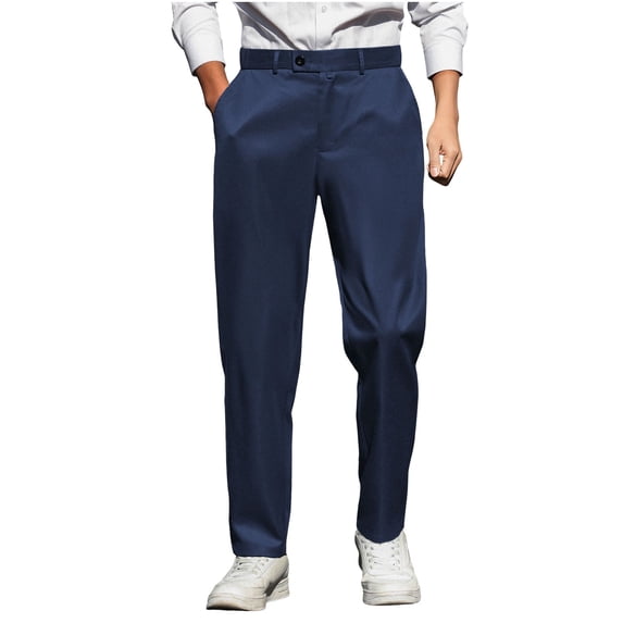 Mens Suit Pants Loose Fit Stretch Lightweight Button Trousers Casual Business Dress Straight Slacks with Belt Loop Navy S