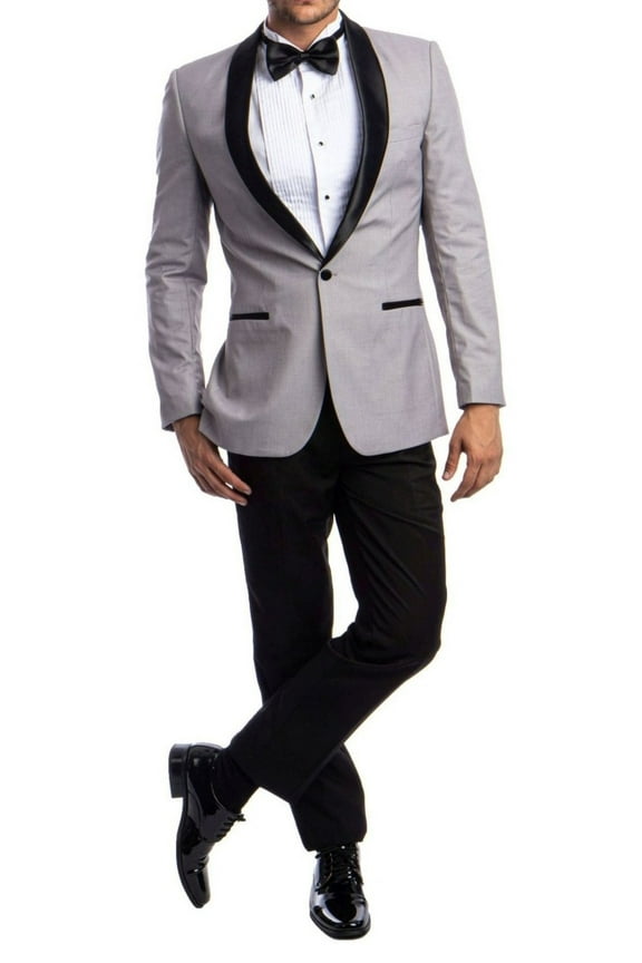 Mens Suit Set Black 2 Piece Satin-Trim One-Button 42