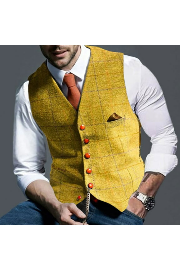 Mens Suit Vest Lapel V Neck Waistcoat Business Formal Sleeveless Jacket Yellow S