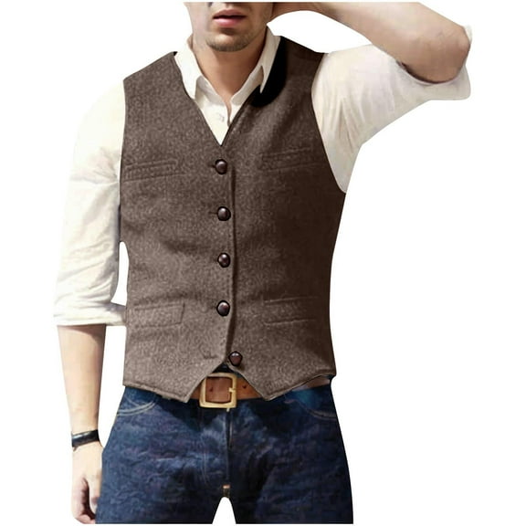 Mens Suit Vests Slim Fit Herringbone Waistcoat Business Casual Dress Vest Formal Button Down V Neck Sleeveless Jacket, Khaki, M
