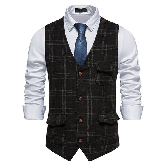 Mens Suit Vests with Pockets Sleeveless Button Up V Neck Business Work Dress Waistcoats Slim-Fit Plaid Printed Vest for Wedding Tuxedos