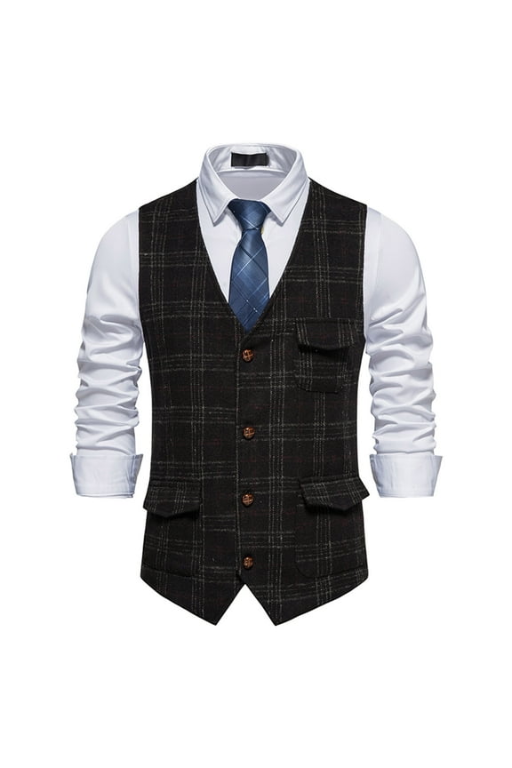 Mens Suit Vests with Pockets Sleeveless Button Up V Neck Business Work Dress Waistcoats Slim-Fit Plaid Printed Vest for Wedding Tuxedos